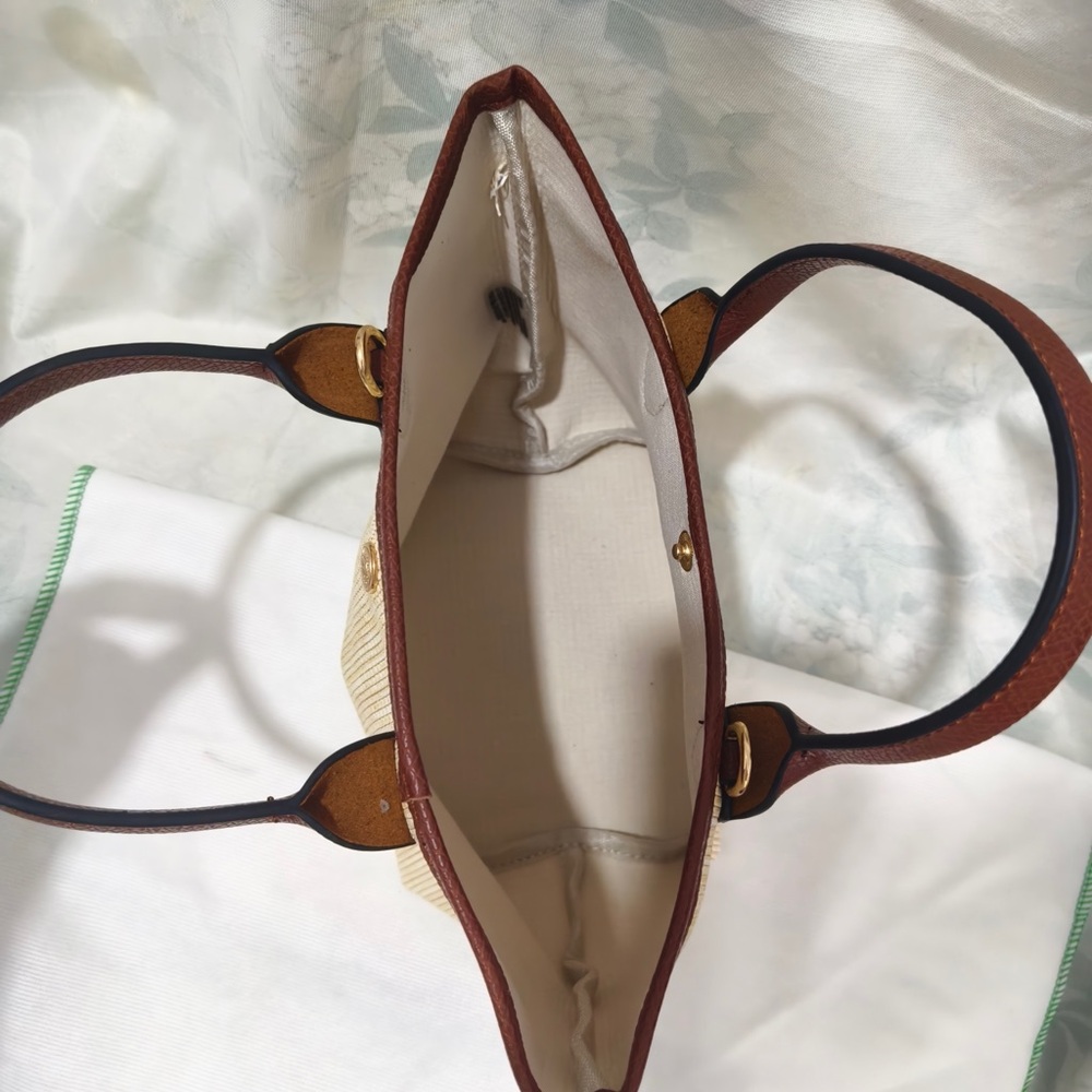 Longchamp Cream Woven Tote with Brown Leather Trim and Horse Motif - Picture 6 of 13
